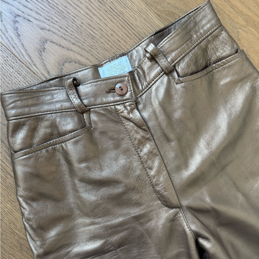 Linda Lundstrom Bronze Leather Pants High Waist Straight Leg Vintage Size 6 - Picture 2 of 7